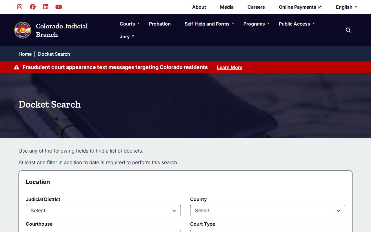 Elbert County warrant search fields in the Colorado Judicial docket