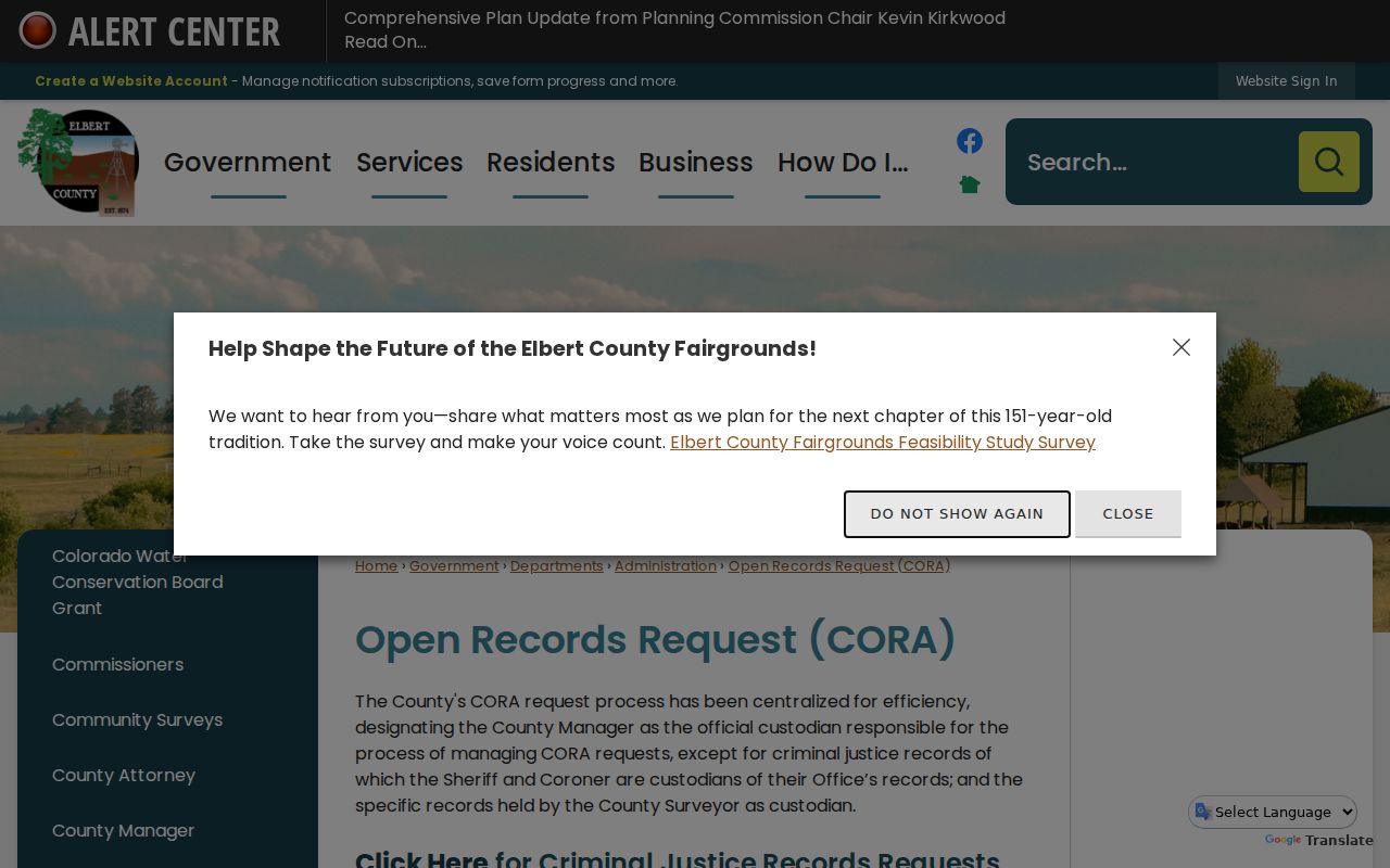 Elbert County official CORA request route and fee panel